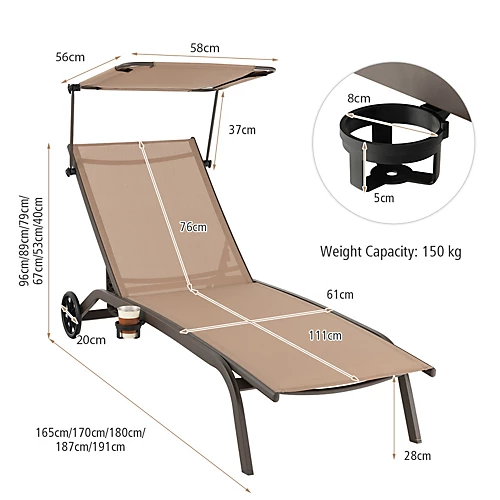 Costway Patio Chaise Lounge Chair W/6-Level Canopy & Wheels Heavy-Duty 2 Costway Patio Chaise Lounge Chair W/6-Level Canopy & Wheels Heavy-Duty - Image 2