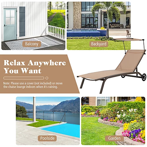 Costway Patio Chaise Lounge Chair W/6-Level Canopy & Wheels Heavy-Duty 3 Costway Patio Chaise Lounge Chair W/6-Level Canopy & Wheels Heavy-Duty - Image 3