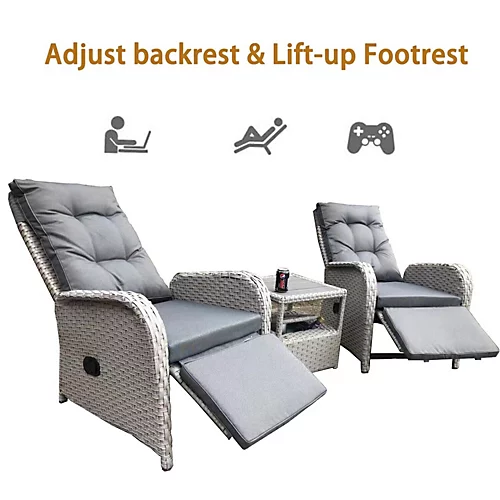 Furniture One Rattan Effect Grey 3 Piece Rattan Recliner With Ice Bucket 3 Furniture One Rattan Effect Grey 3 Piece Rattan Recliner With Ice Bucket - Image 3