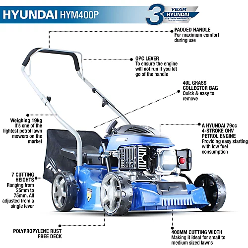 Hyundai 16"/40cm 79cc Petrol Lawnmower HYM400P 2 Hyundai 16"/40cm 79cc Petrol Lawnmower HYM400P - Image 2