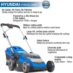 Hyundai 38cm Cordless 40v Lithium-Ion Battery Roller Lawnmower With Battery And Charger HYM40Li380P -Outlet Green Shrub Hub Store hyundai 38cm cordless 40v lithium ion battery roller lawnmower with battery and charger hym40li380p5056275700164 04c MP