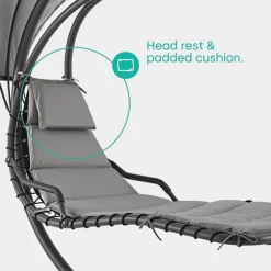 LIVIVO Luxury Soft Padded Hanging Sun Lounger With A Canopy - Outdoor Garden Hammock For Patio, Decking & Balcony - Grey -Outlet Green Shrub Hub Store livivo luxury soft padded hanging sun lounger with a canopy outdoor garden hammock for patio decking balcony grey5056295308029 03c MP