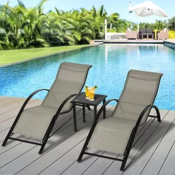 Outsunny 3 Pieces Lounge Chair Set Garden Sunbathing Chair W/ Table Grey