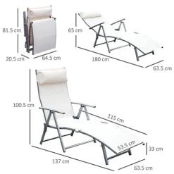 Outsunny Sun Lounger Recliner Foldable 7 Levels Texteline Cream White -Outlet Green Shrub Hub Store outsunny sun lounger recliner foldable 7 levels texteline cream white5055974845305 03c MP