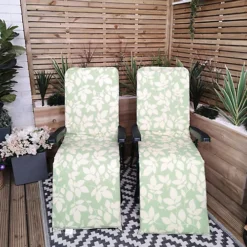 Set Of 2 Padded Outdoor Garden Patio Recliner / Sun Lounger Green With Leaf Pattern -Outlet Green Shrub Hub Store set of 2 padded outdoor garden patio recliner sun lounger green with leaf pattern5056589112073 03c MP