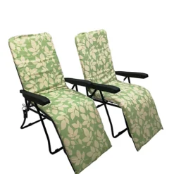 Set Of 2 Padded Outdoor Garden Patio Recliner / Sun Lounger Green With Leaf Pattern -Outlet Green Shrub Hub Store set of 2 padded outdoor garden patio recliner sun lounger green with leaf pattern5056589112073 04c MP