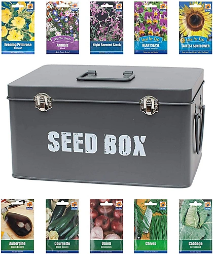 Simpa Grey Seed Storage Utility Tin With 10PK Starter Vegetable & Flower Seed Packets. 1 Simpa Grey Seed Storage Utility Tin With 10PK Starter Vegetable & Flower Seed Packets.